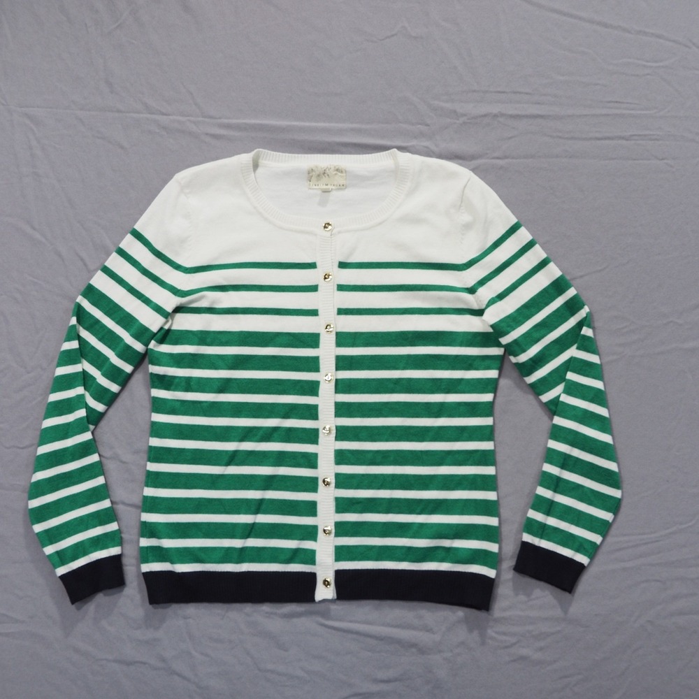 Debbie Morgan Cardigan Womens Large Green White Striped Sweater Knit Ribbed